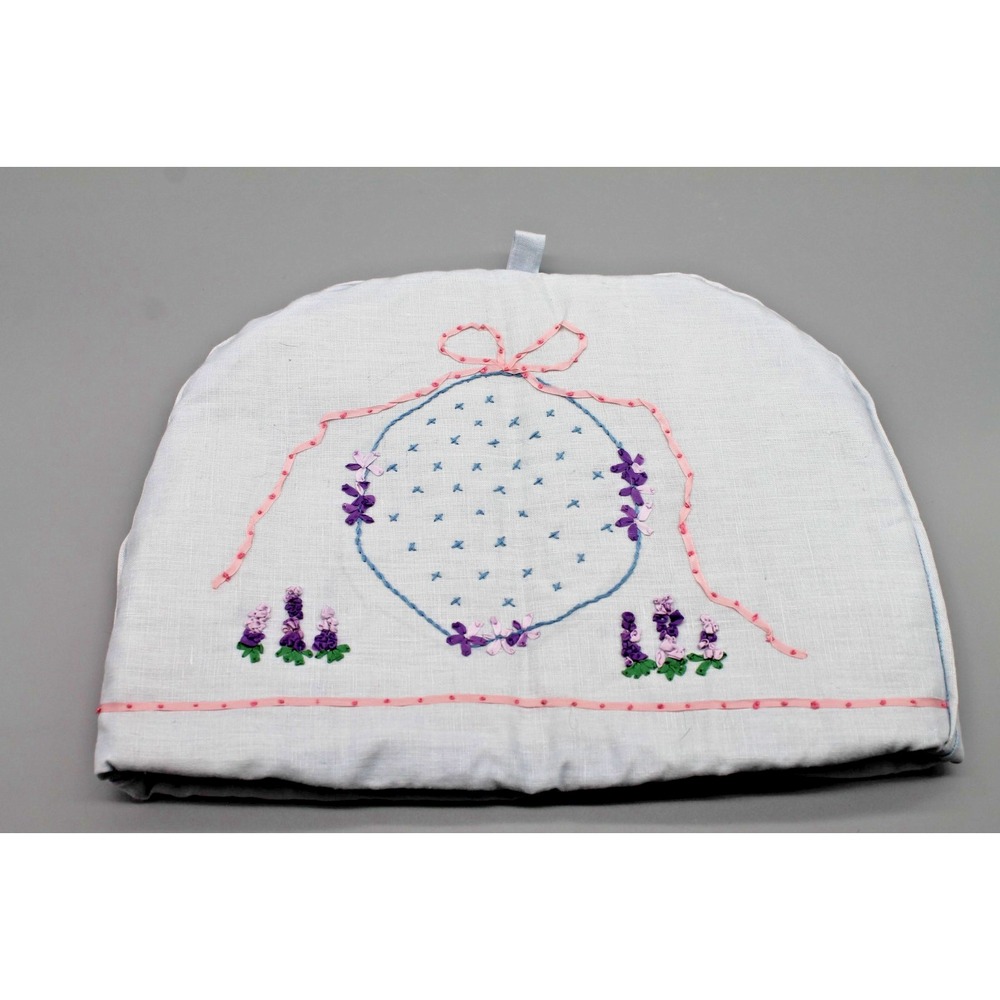 Vintage Hand Embroidered Toaster Cover Ribbon Floral Cottage Kitchen Blue
